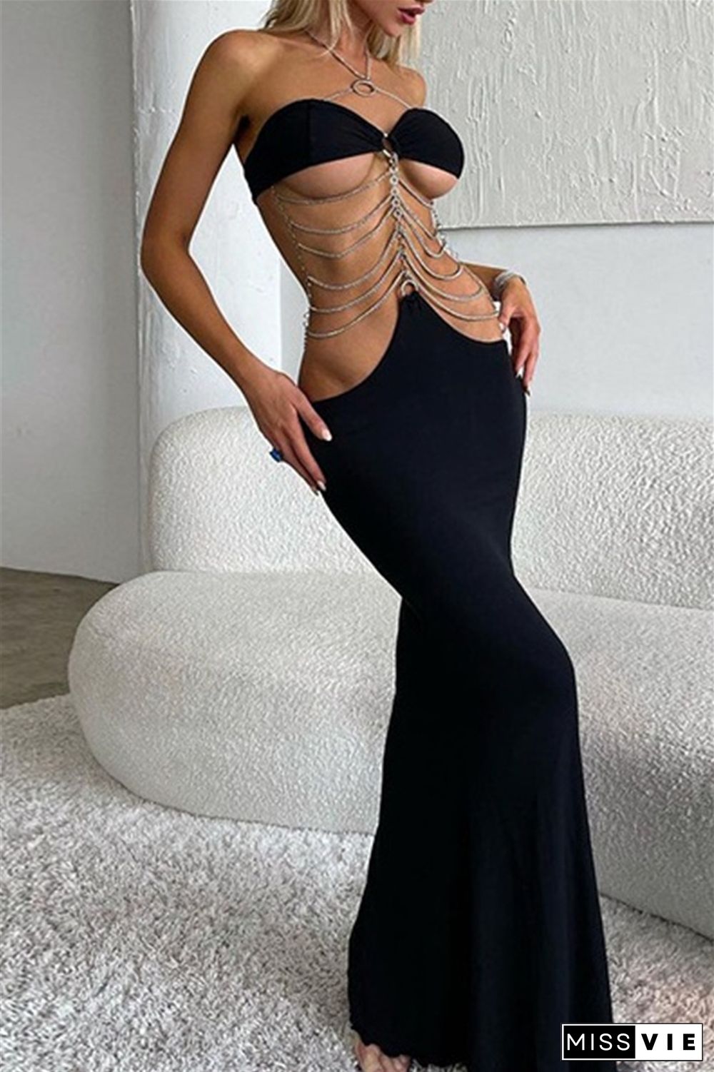 Sexy Solid Patchwork Chains Backless Halter Strapless Dress Dresses