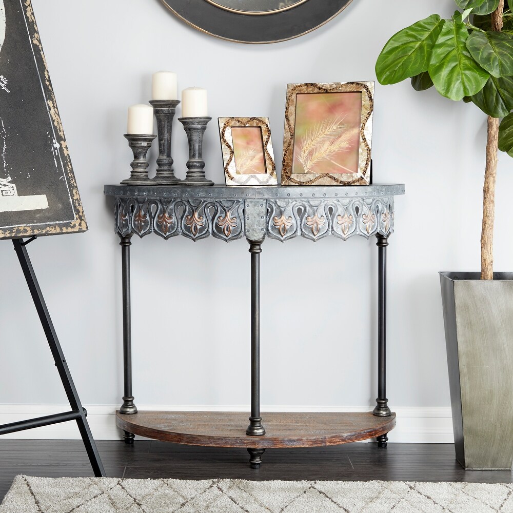 Grey Iron Top Wood Shelf Vintage Farmhouse Half Moon Console Table