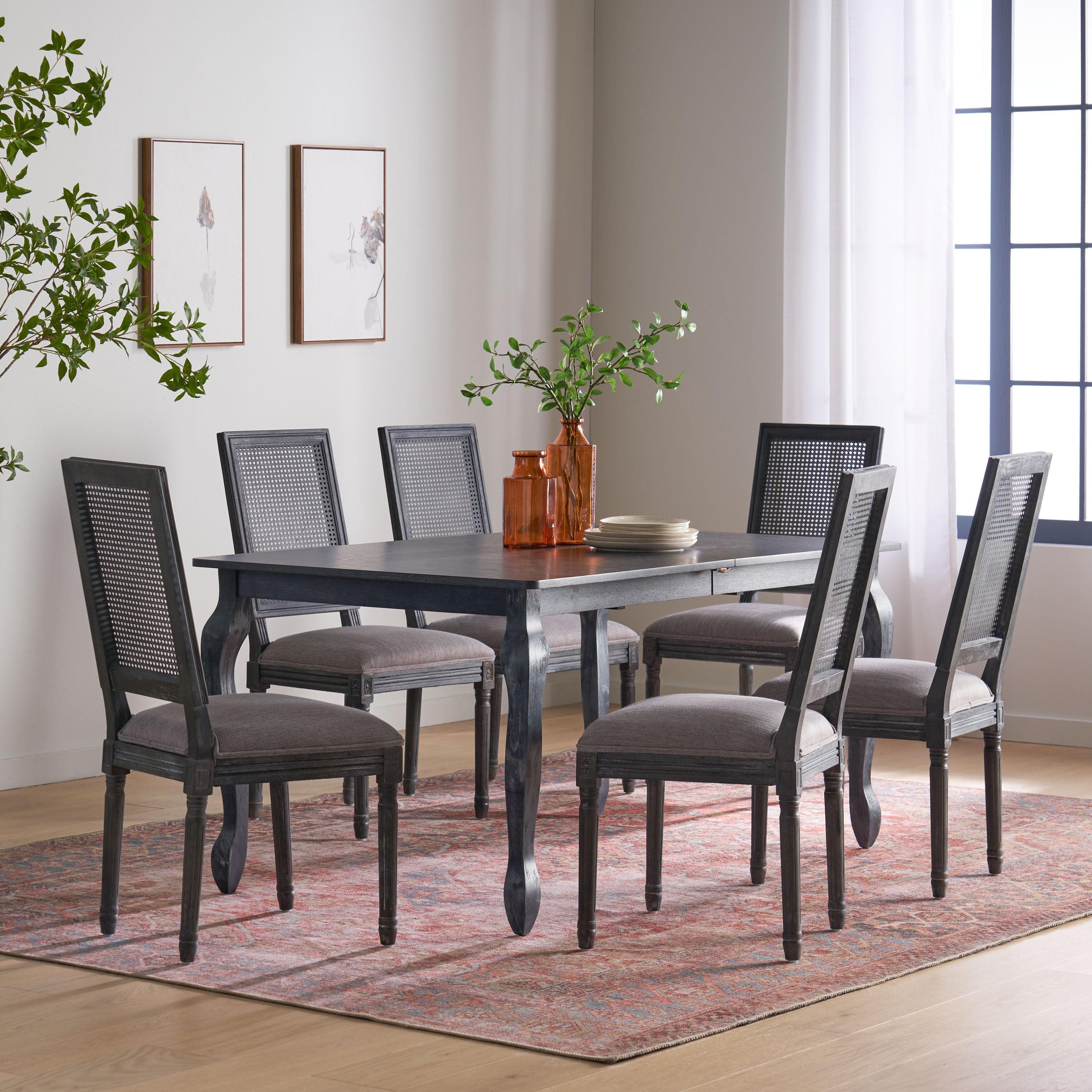 Fernleaf French Country Fabric Upholstered Wood and Cane Expandable 7 Piece Dining Set