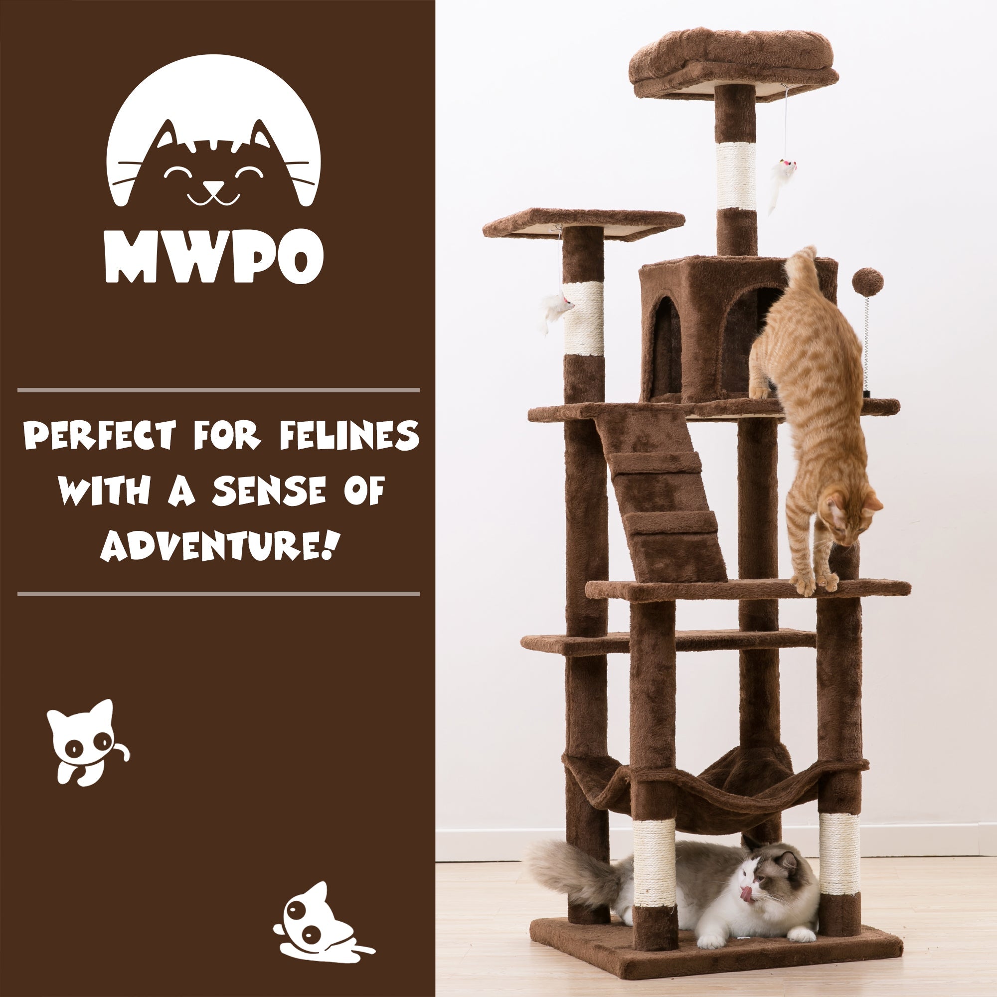 MWPO 63.8-in Multi-Level Cat Tree with Condo and Scratching Post Tower,Brown