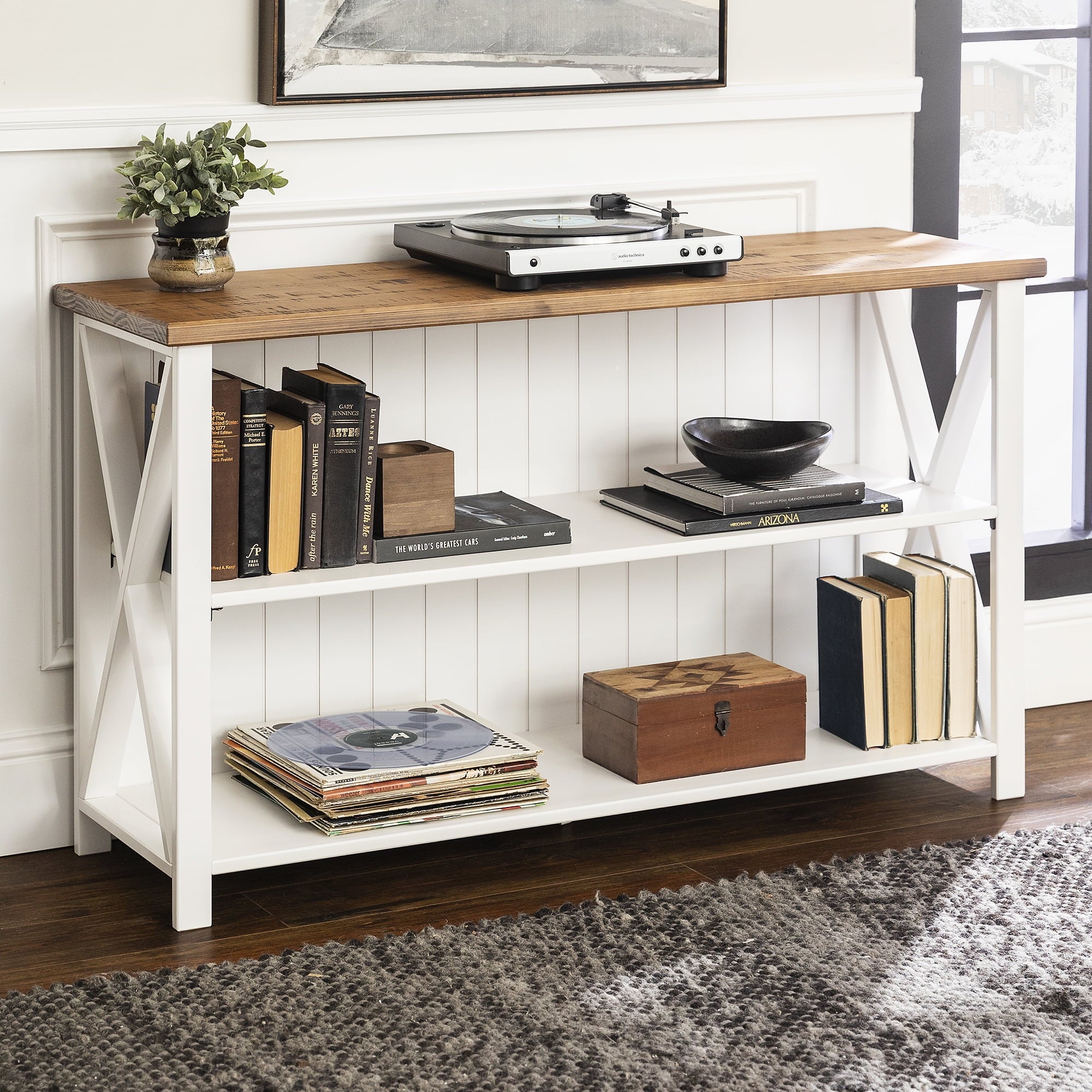 Solid Wood Storage Console Table， White/Reclaimed Barnwood