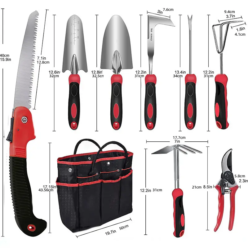 Custom 10 Pcs Stainless Steel Heavy Duty Gardening Tools Set with Folding Saw Garden Hand Tools Starter Kit Gift Sets for Women