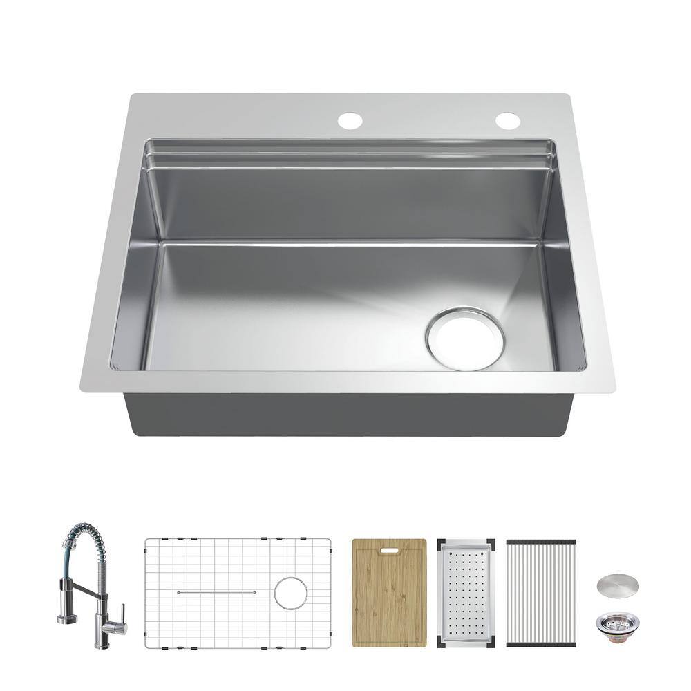 Glacier Bay AIO Tight Radius Drop-InUndermount 18G Stainless Steel 27 in. Single Bowl Workstation Kitchen Sink Spring Neck Faucet FSD2R2722A1SA1