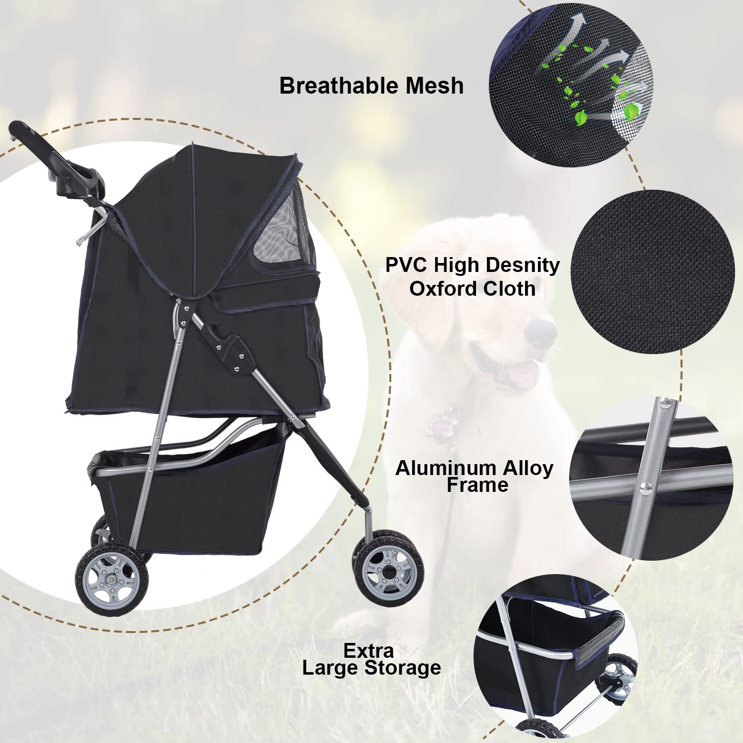 BestPet 3 Wheels Pet Stroller Dog Cat Stroller Folding Carrier Waterproof with Cup Holder (Black)