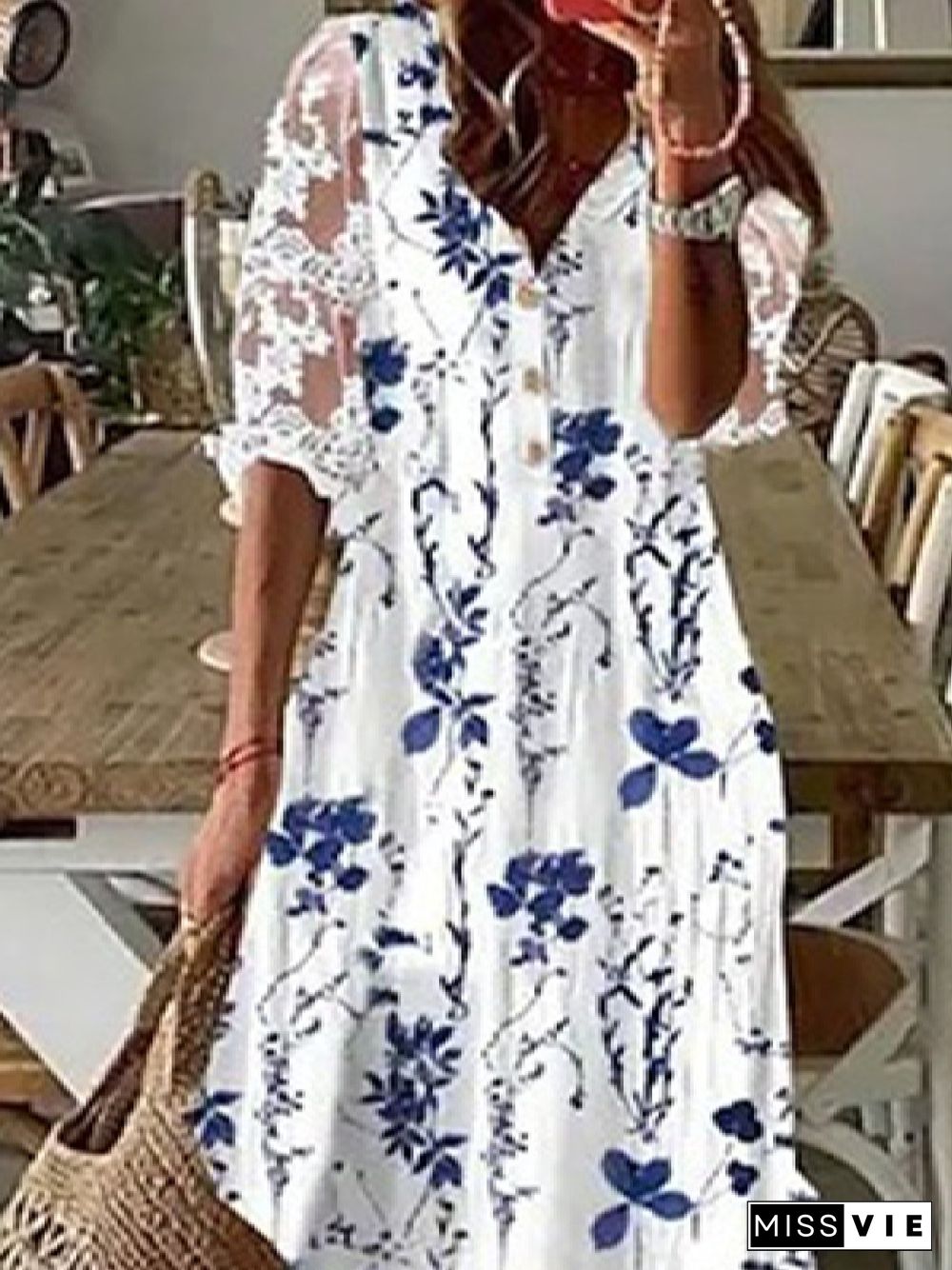 Casual V neck Loose Floral Half sleeve Dresses