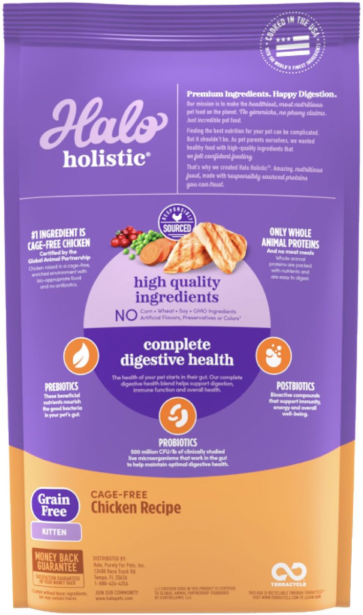 Halo Holistic Kitten Food Grain-Free Cage-Free Chicken Recipe Complete Digestive Health Dry Cat Food