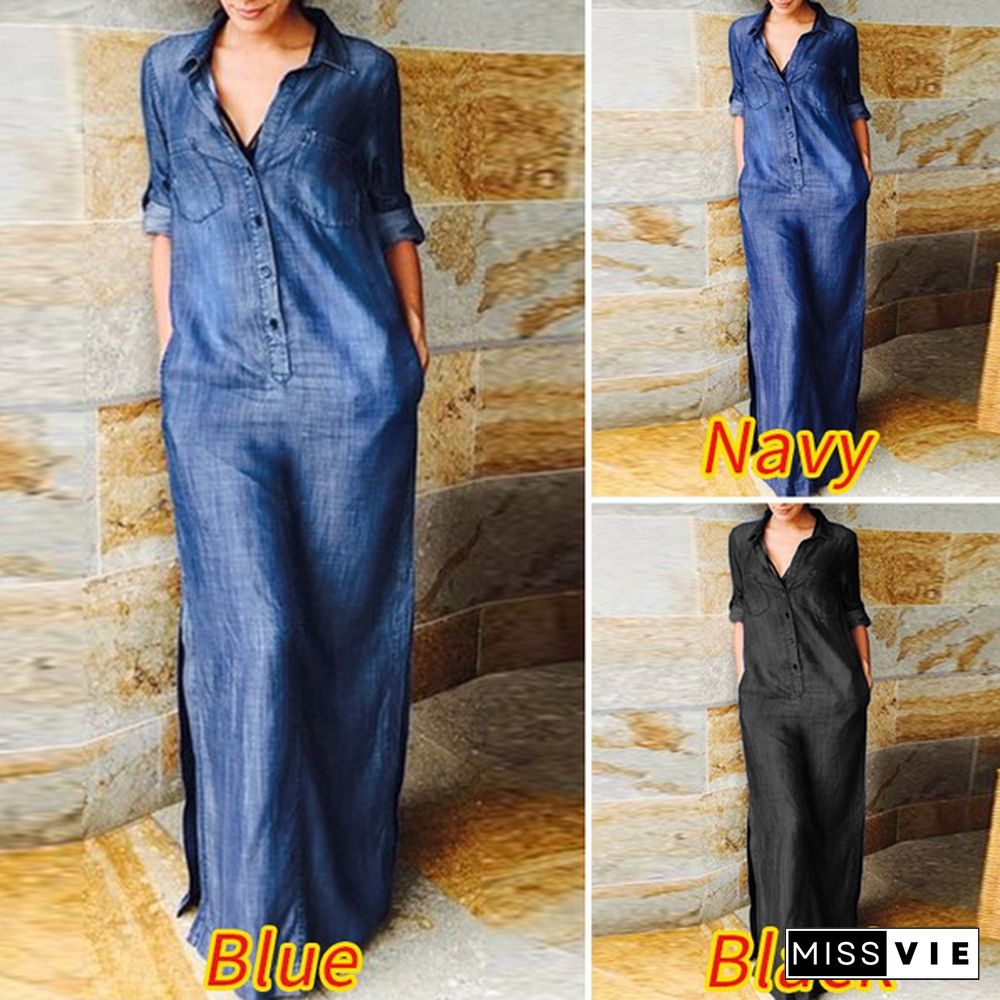 Plus Size Women Long Sleeve Lapel Button Up Denim Shirt Dress Fashion Holiday Party Maxi Dresses Robes Femmes