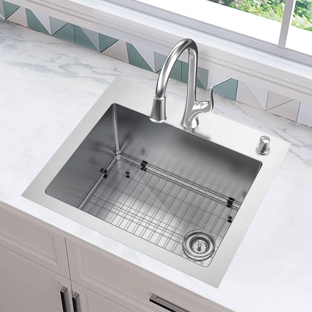 Glacier Bay AIO Dolancourt 25 in. Drop-inUndermount Single Bowl 18 Gauge Stainless Steel Kitchen Sink with Pull-Down Faucet VDR2522A1PA1