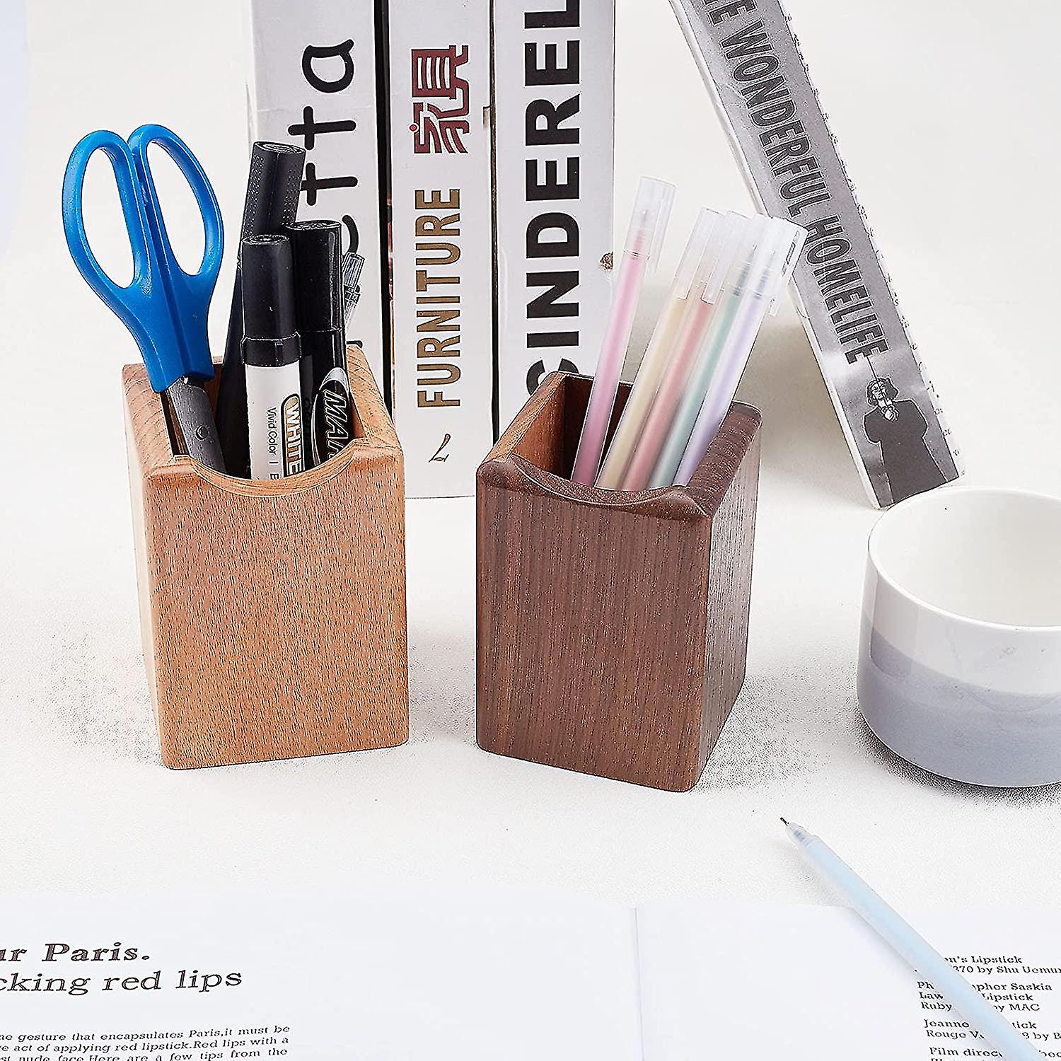 Natural Wood Desktop Pen Holder， Natural Grain Wood Pen Holder And Pencil Holder Cups， Large Square