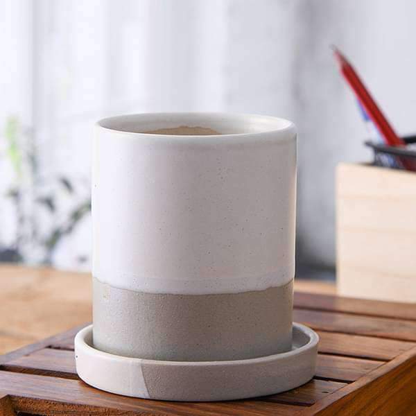 3.1 inch (8 cm) CP043 Cylindrical Ceramic Pot with Plate (White, Grey) (set of 2)