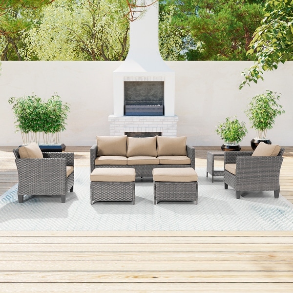 AOOLIMICS 6Pcs Patio Outdoor Furniture Gray Rattan Ottoman Seating Sofa Set