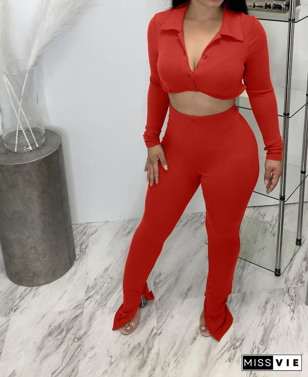 Solid Long Sleeve Button Up Crop Top Slit Pants Set