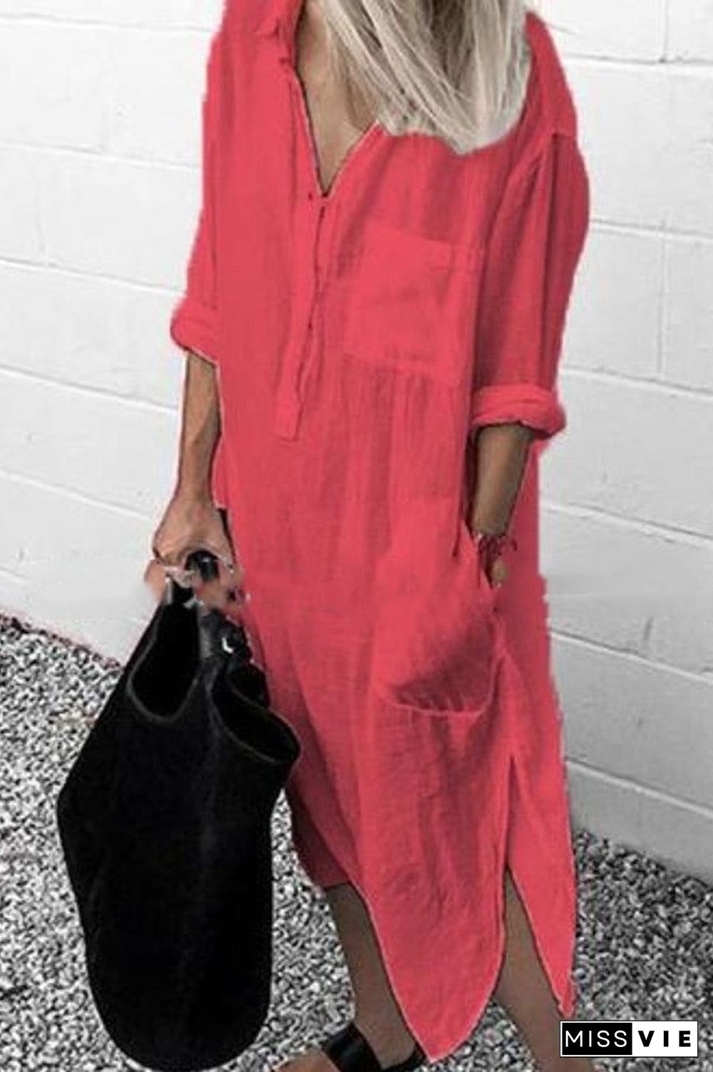 Casual Solid Color Split Shirt Dress