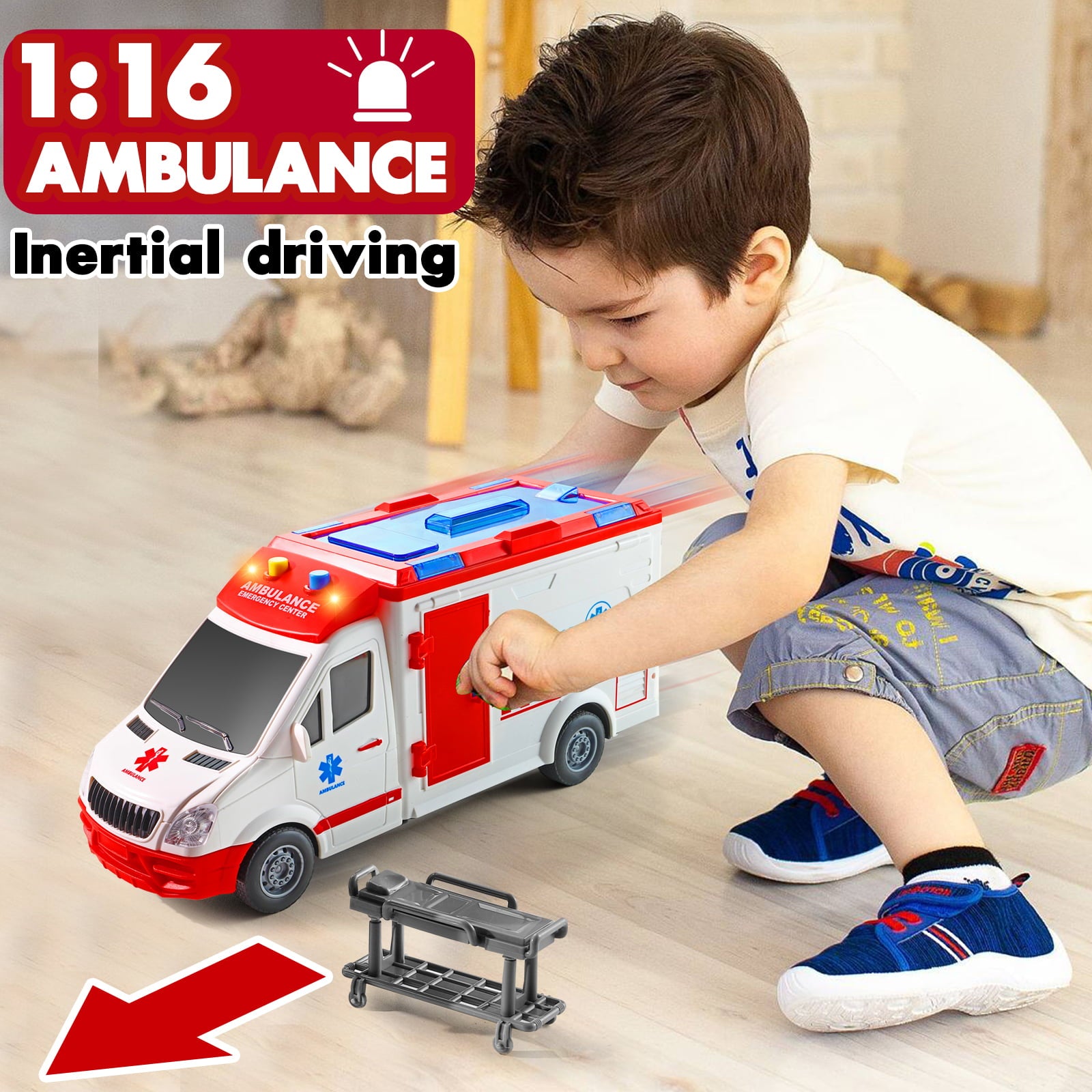 NETNEW Ambulance Toy Car with Light and Siren Sound Effects - Friction Powered Wheels and LED Lights Toys for Boys 3-6 Years