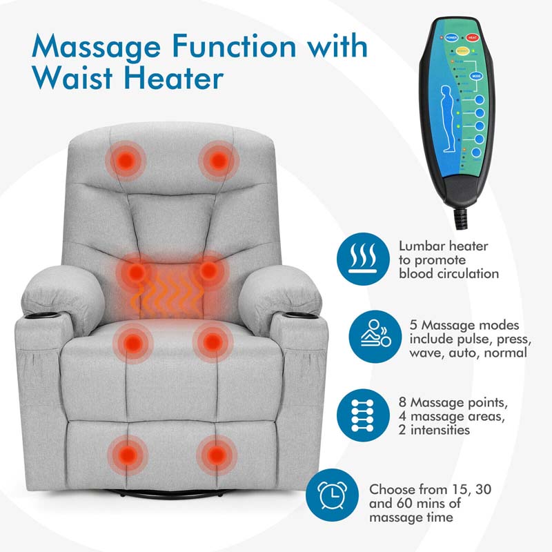 360° Swivel Electric Massage Recliner Rocking Chair Single Soft Sofa with Heater & Retractable Footrest