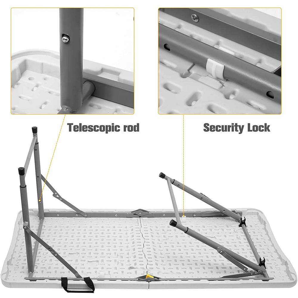 SKONYON 4 ft. White Adjustable Height Fold-in-Half Plastic Outdoor Picnic Folding Table SGFT88131