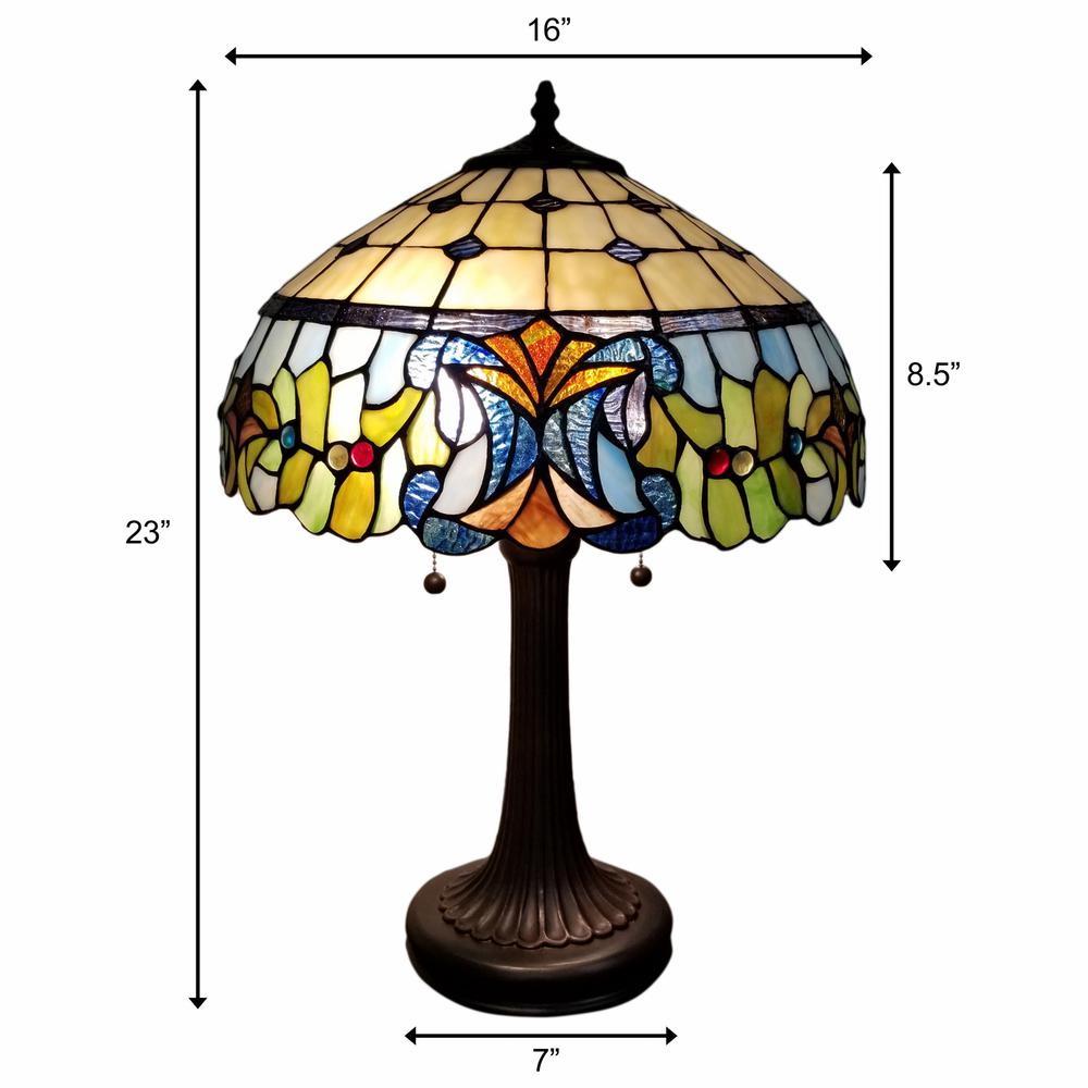 23" Stained Glass Two Light Jeweled Floral Accent Table Lamp