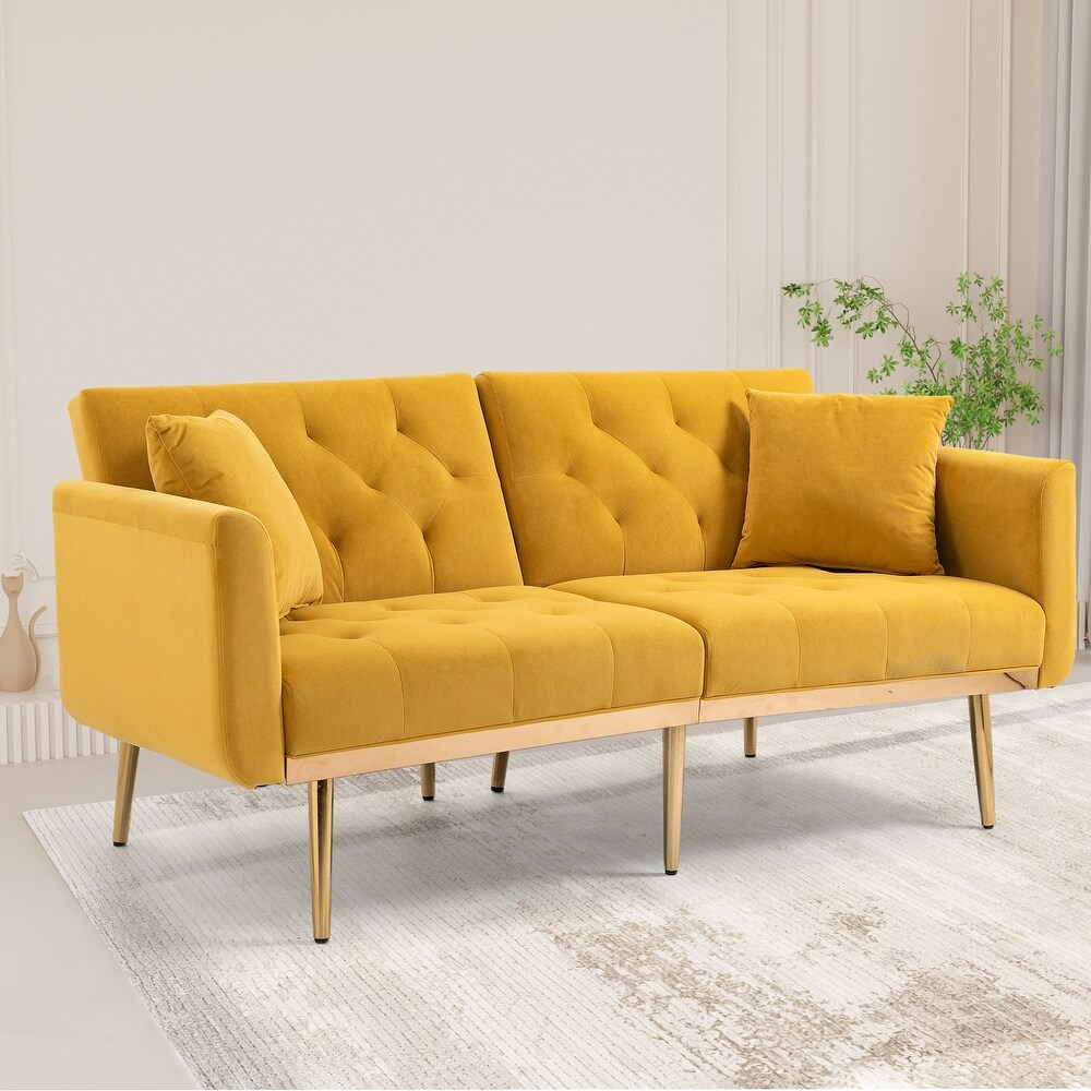 2 in 1 Folding Loveseat Sleeper Mustard Velvet Recliner Sofa Bed