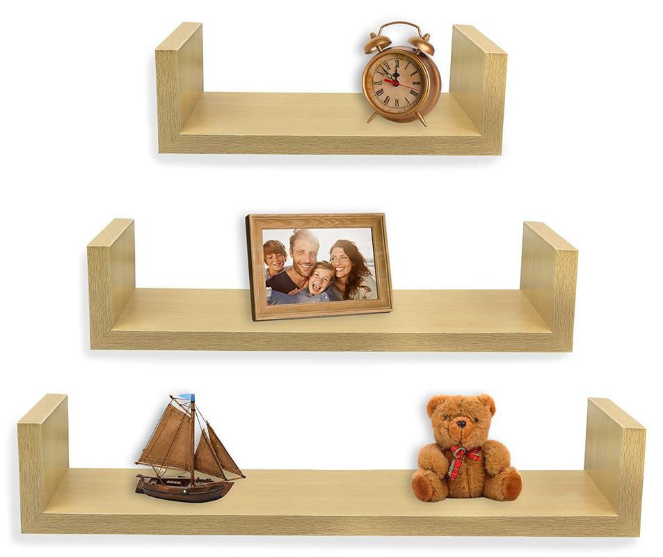 Greenco Set of 3 Floating U Shelves, Natural Finish Floating Storage Shelves for Wall - Wall Shelf Mount Sets