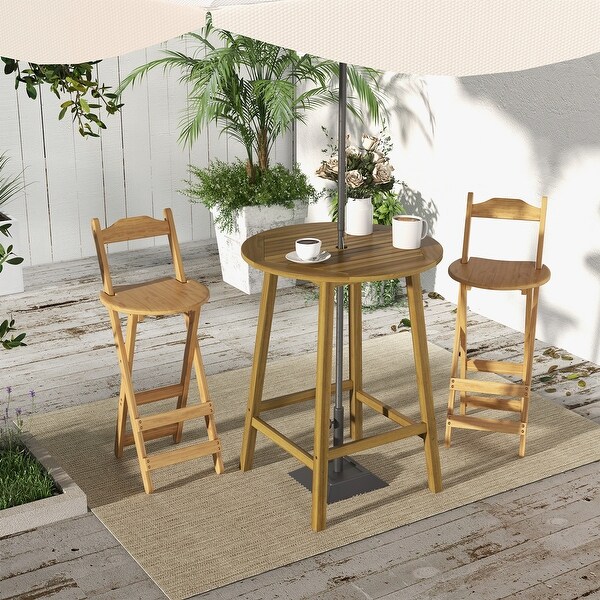 Bar Height Table with Umbrella Hole and Slatted Tabletop for Outdoors