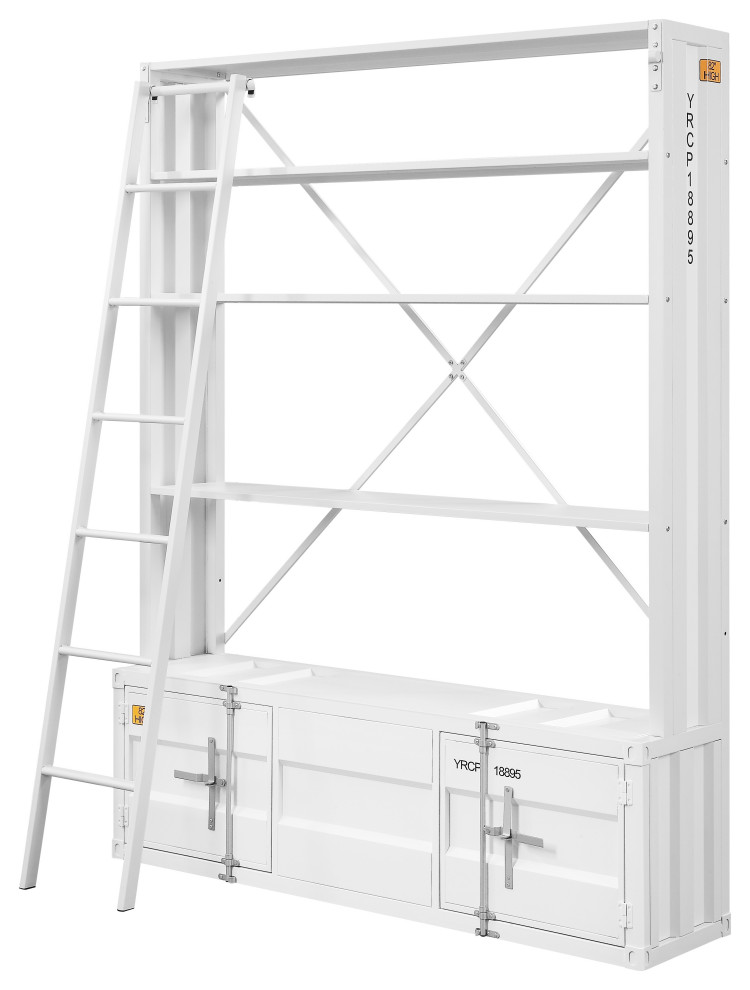 Metal Base Bookshelf And Ladder With 2 Extra Storage Compartments  White   Industrial   Bookcases   by VirVentures  Houzz