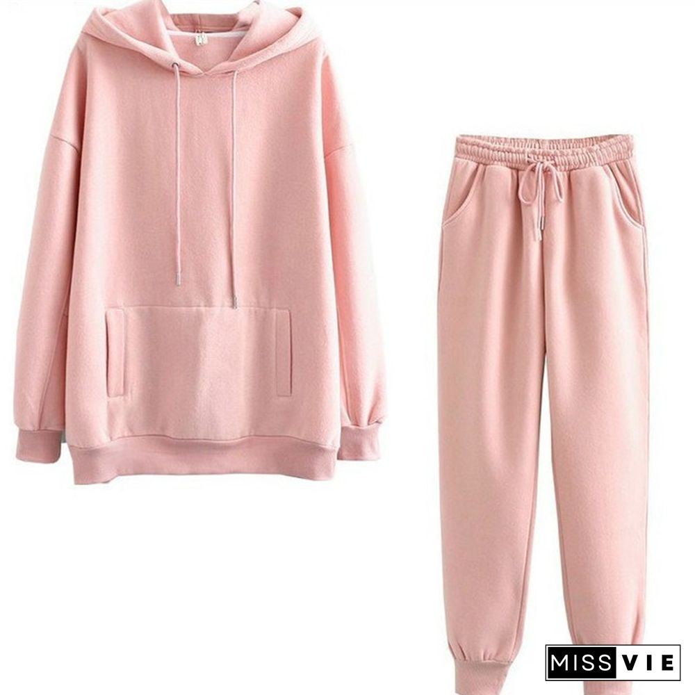 Casual Pure Color Draw String Hoodie Pants Set