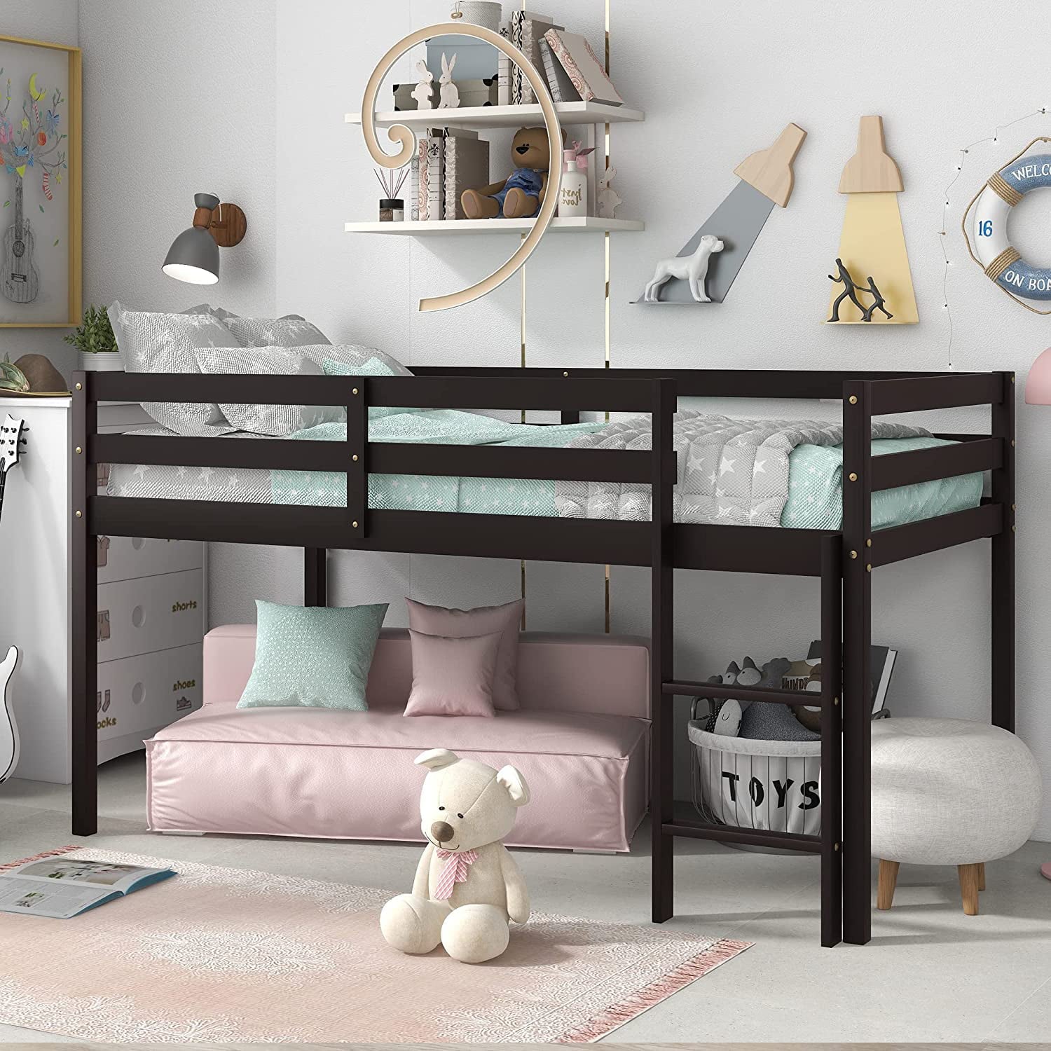 Low Twin Wood Loft Bed with Full-length Safety Rail and Ladder, Modern Loft Bed Frame for Kids Teens Adult, Space Saving Bedroom Loft Bed, No Box Spring Needed, Espresso, J2299