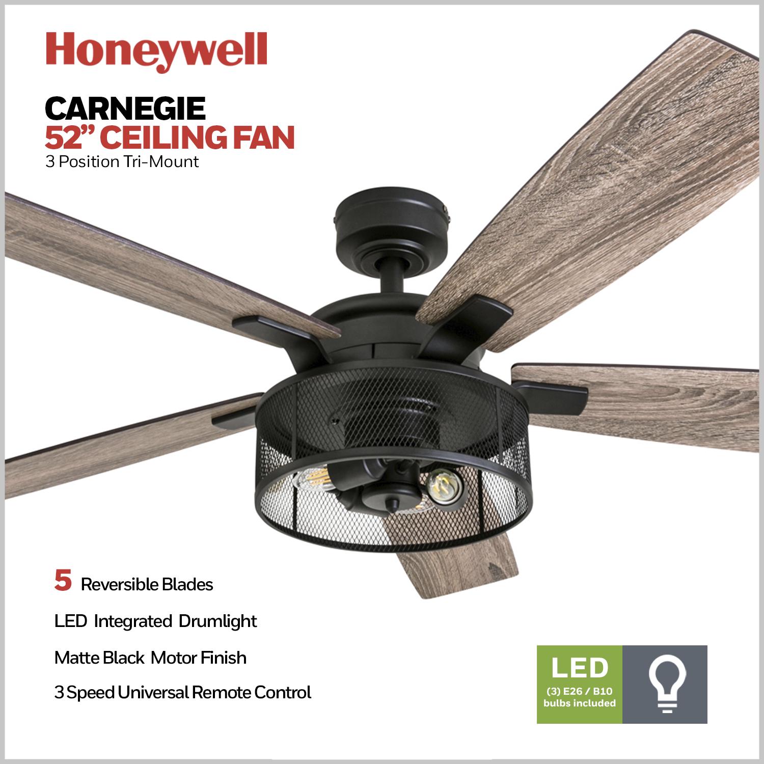 Honeywell Carnegie 52 Matte Black Ceiling Fan with Lights and Remote Control