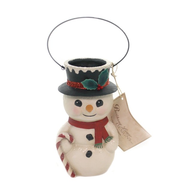 Bethany Lowe Designs Inc Christmas Snowman Bucket Head 5 25 Inches Carrot Nose Candy Cane Tj8681 Polyresin White