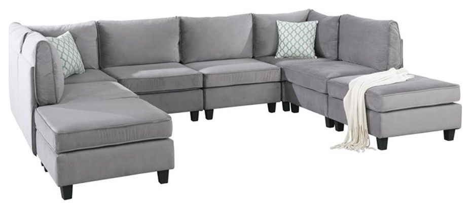 Bowery Hill Contemporary 8 Piece Velvet Modular Sectional Sofa in Gray   Transitional   Sectional Sofas   by Homesquare  Houzz