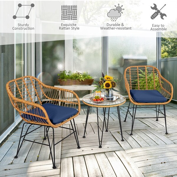 Costway 3PCS Patio Rattan Bistro Furniture Set Cushioned Chair Table