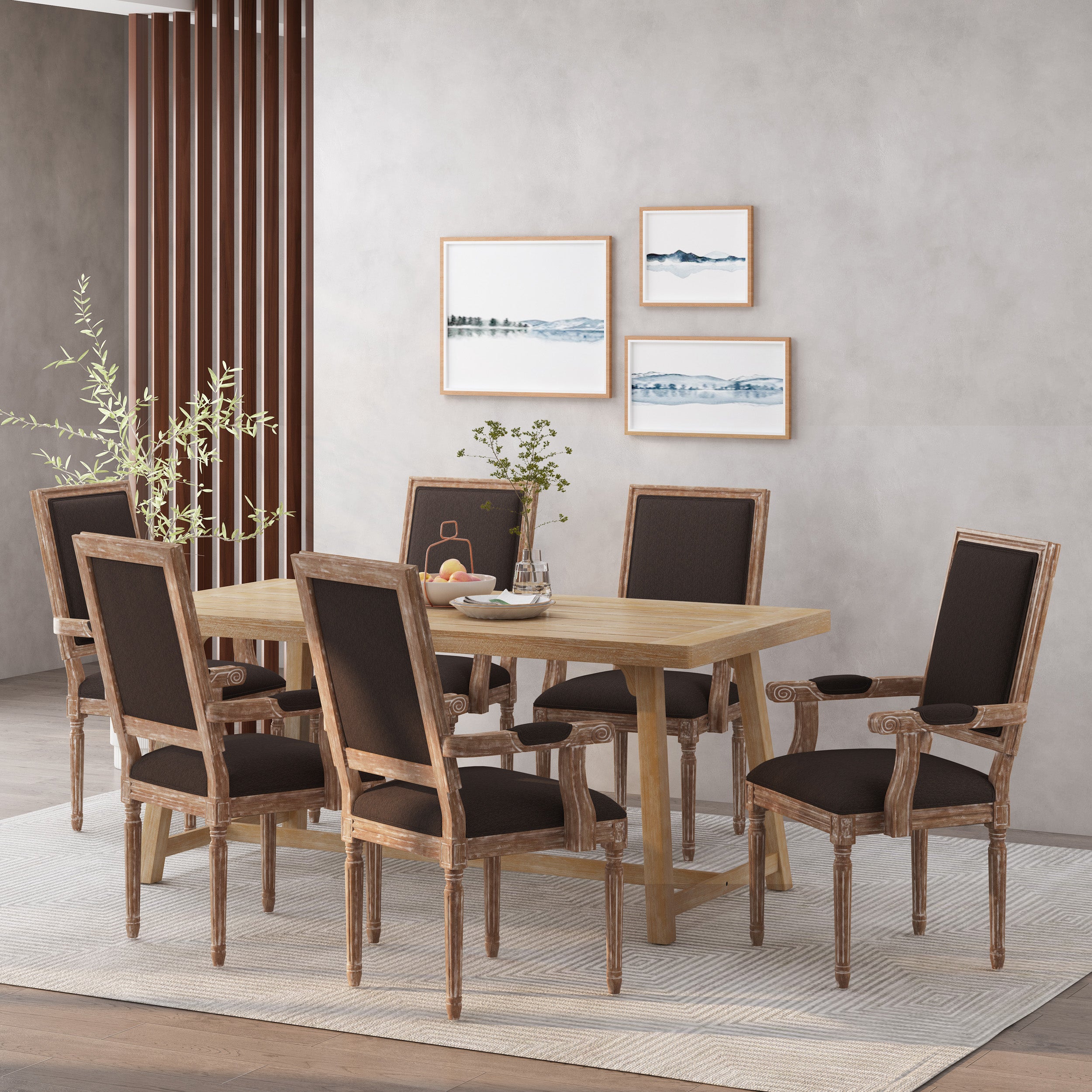 Ashlyn French Country Fabric Upholstered Wood Dining Chairs, Set of 6