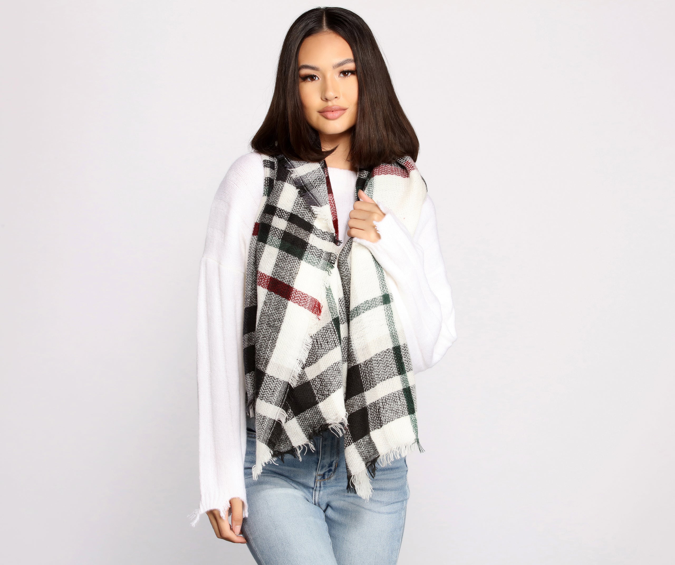 Cozy Cutie Plaid Frayed Blanket Scarf