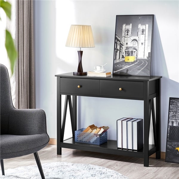 Alden Design Wooden Entryway Console Table with Storage Drawer， Black