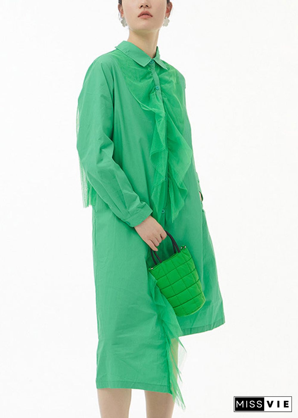 Chic Green Asymmetrical Tulle Patchwork Ruffles Cotton Shirt Dress Spring