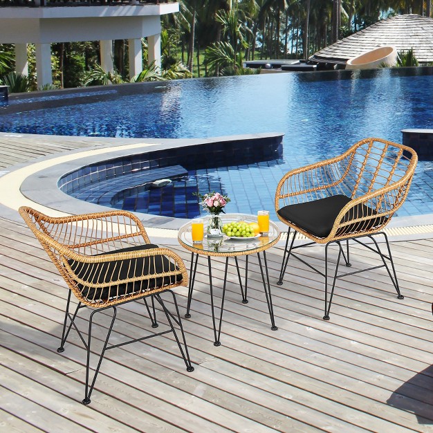 Costway 3pcs Patio Rattan Bistro Furniture Set Cushioned Chair Table