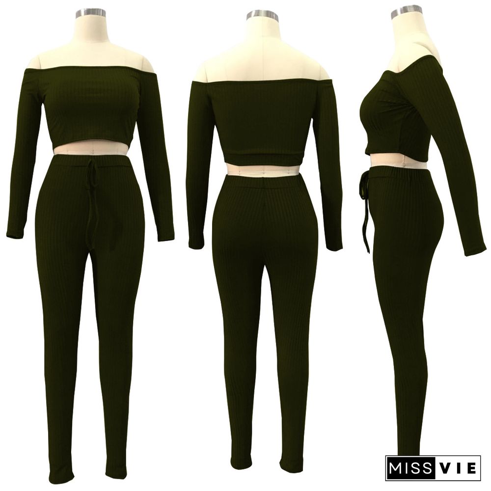 Solid Color High Elastic Thread One-Collar Blouse and Trousers Two-piece Set