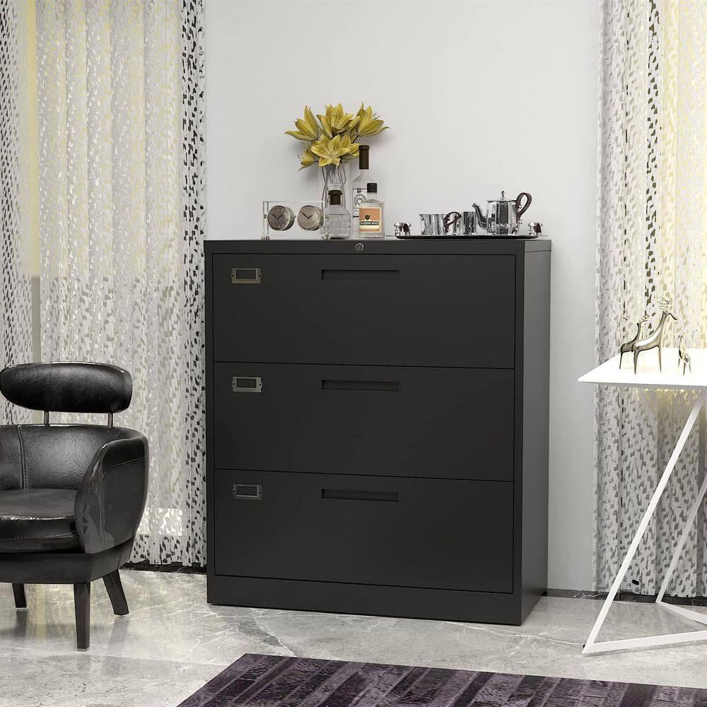 Zeus  Ruta Black File Cabinet 3-Drawer with Lock Locking Metal Lateral Filing Cabinet for Home Office ZeusOffice112BK