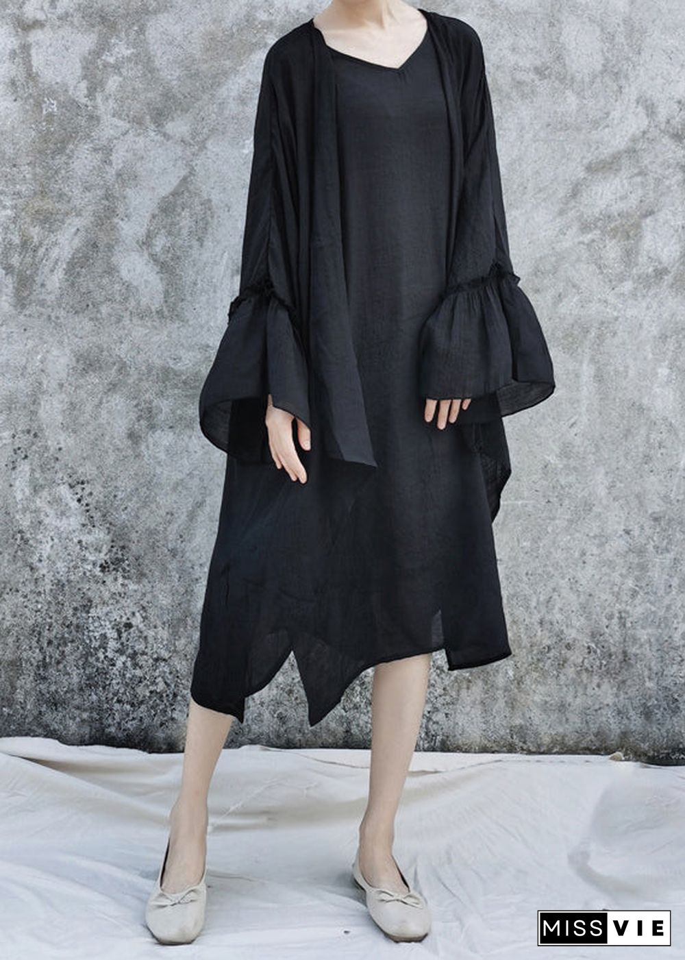 Women Black Linen Loose Cardigan And Spaghetti Strap Dress Two Pieces Set flare sleeve