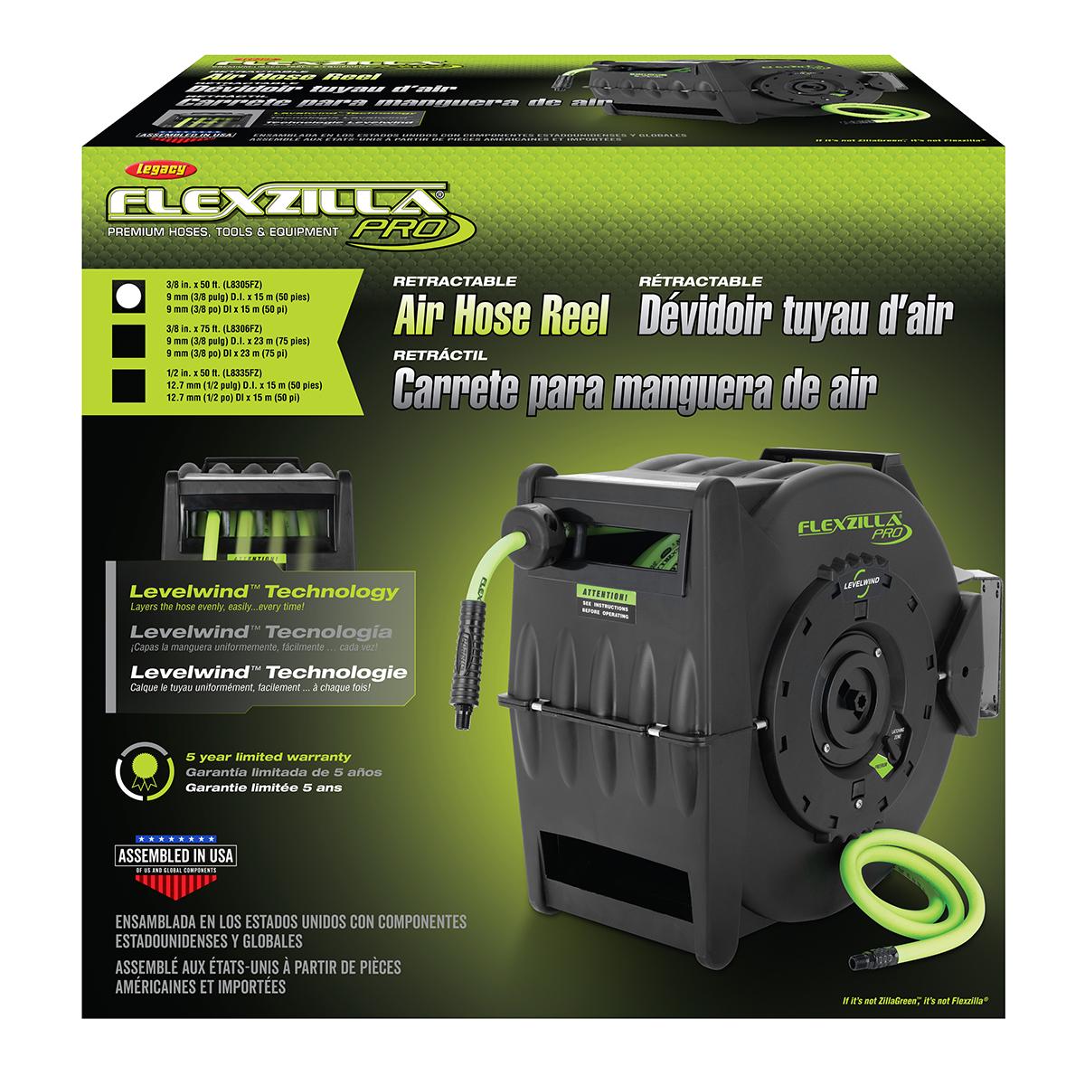 FlexzillaA Pro Retractable Air Hose Reel with Levelwind Technology， 3/8 x 50and#8242;， ZillaGreenA