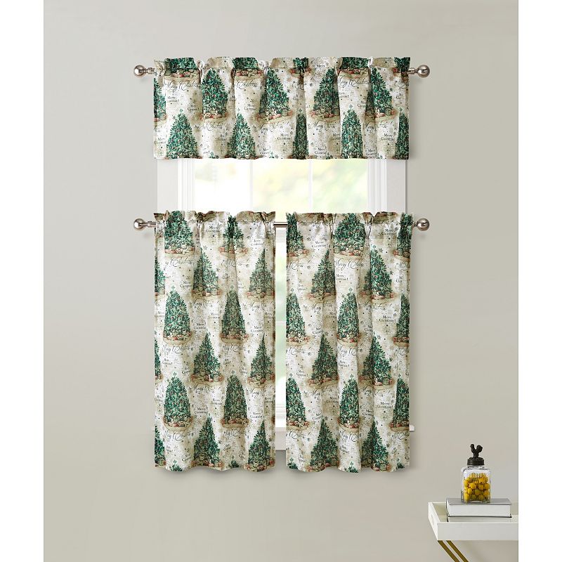 Kate Aurora Christmas Trees and Evergreens Complete Semi Sheer Kitchen Curtain Tier and Valance Set