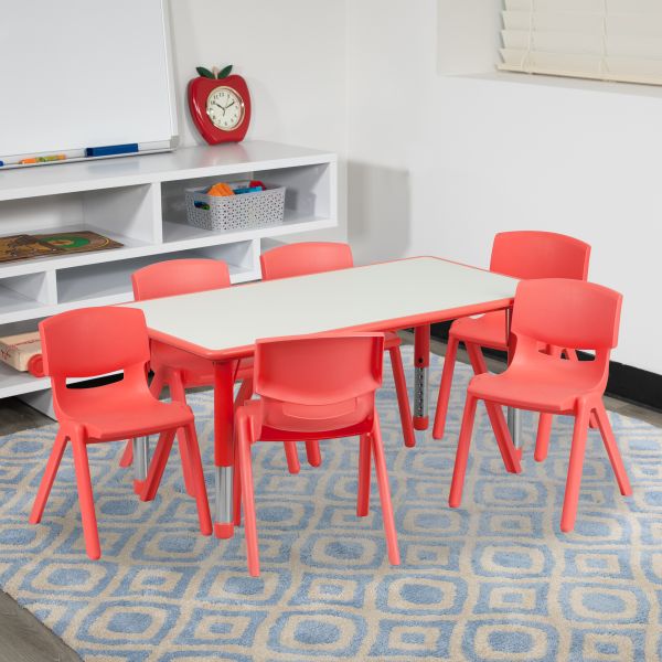 Flash Furniture 23.625''W x 47.25''L Adjustable Rectangular Red Plastic Activity Table Set with 6 School Stack Chairs