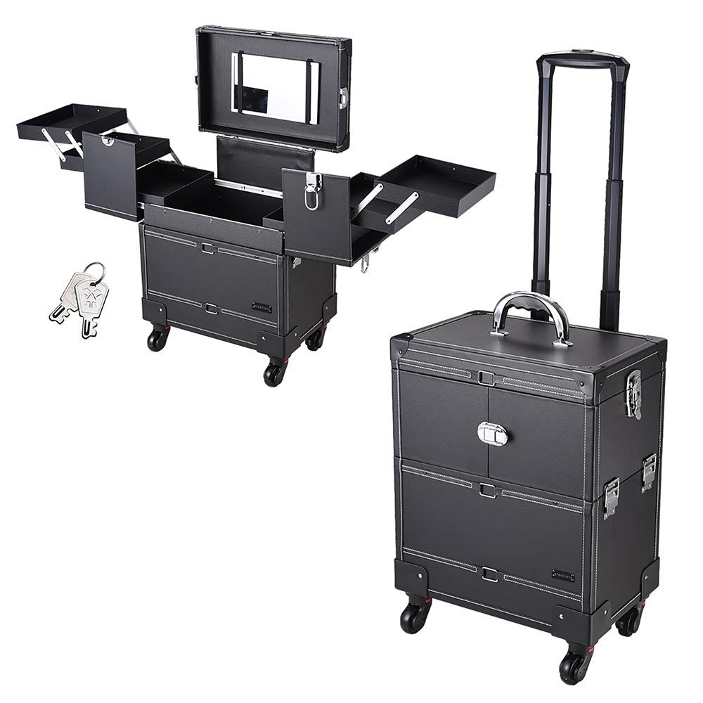 Byootique Rolling Makeup Lockable Train Case w/ 4-Wheel Mirror Black