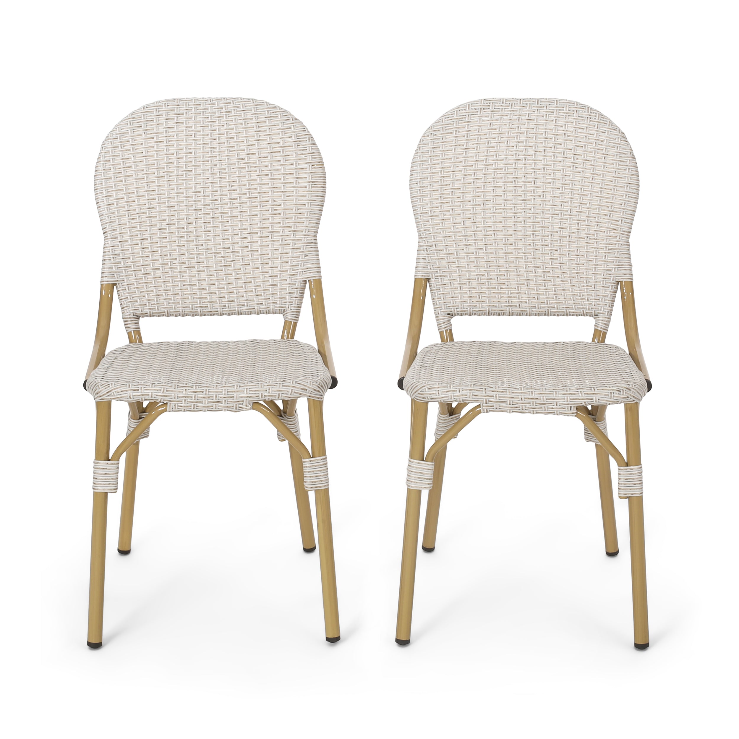 Gallia Outdoor Aluminum French Bistro Chairs, Set of 2, Light Brown and Bamboo Finish