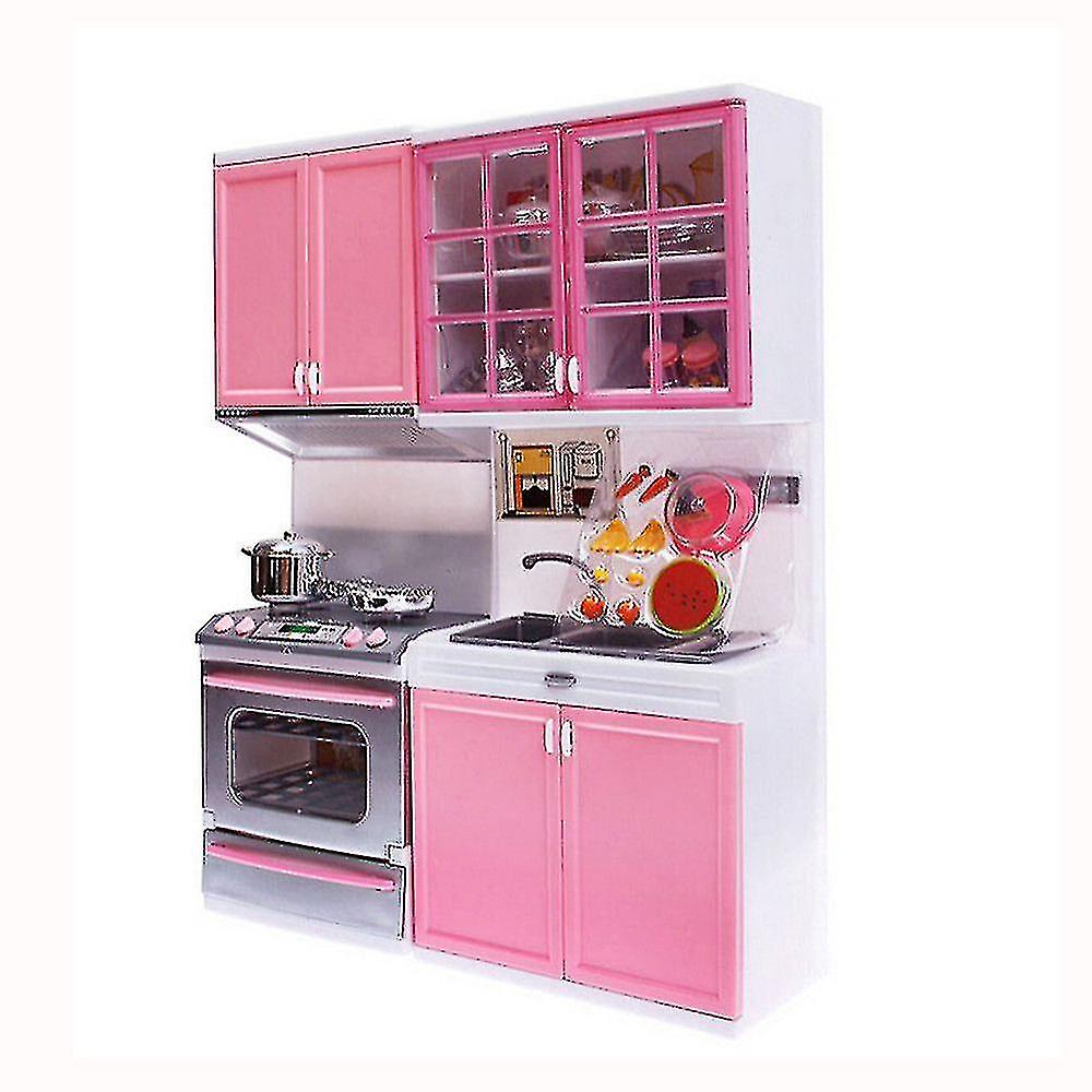 Cht-children's Toys Mini Wooden Dollhouse Furniture Kitchen Pretend Play Kitchen Toy 30cm Diy Pink Cabinet Stove Girls Toy ~ Pink