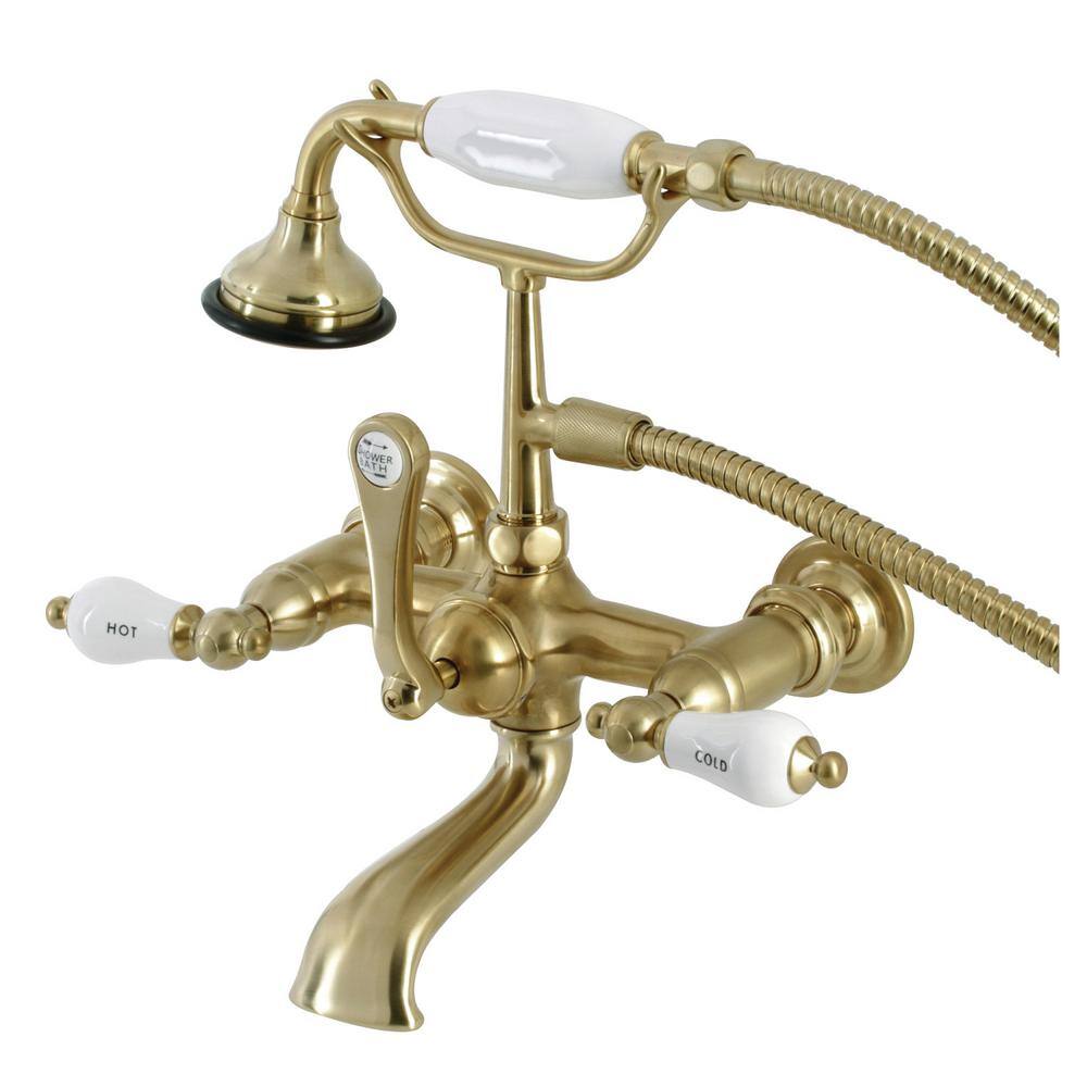 Kingston Brass Aqua Vintage 3-Handle 7 in. Wall Mount Claw Foot Tub Faucet with Hand Shower in Brushed Brass HAE555T7