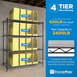 Fencer Wire Black 4-Tier Metal Garage Storage Shelving Unit with Casters and Leveling Feet (60 in. W x 24 in. D x 76 in. H) RWW-CH60244WBK