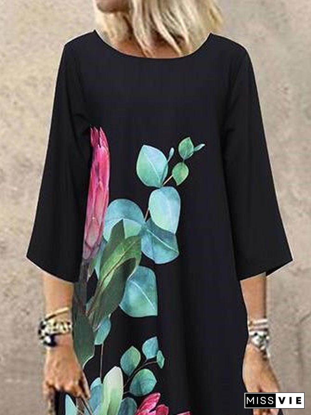 Women'S Dresses Casual Print Crew Neck Mid Sleeve Dress