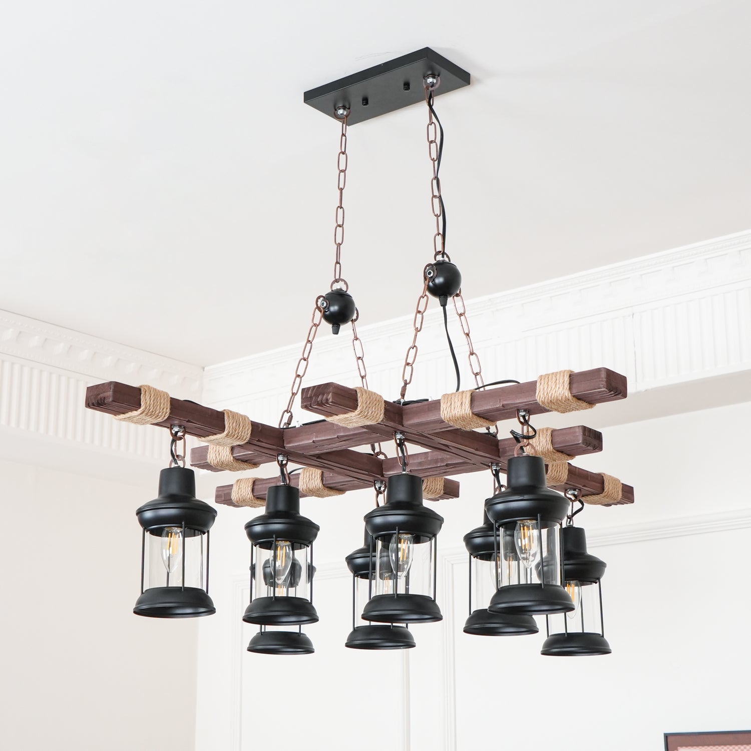 Vintage Wood Glass Chandeliers