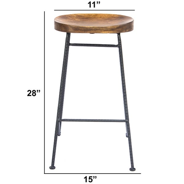 Mango Wood Saddle Seat Bar Stool With Iron Rod Legs， Brown and Black - 28 H x 11 W x 15 L Inches